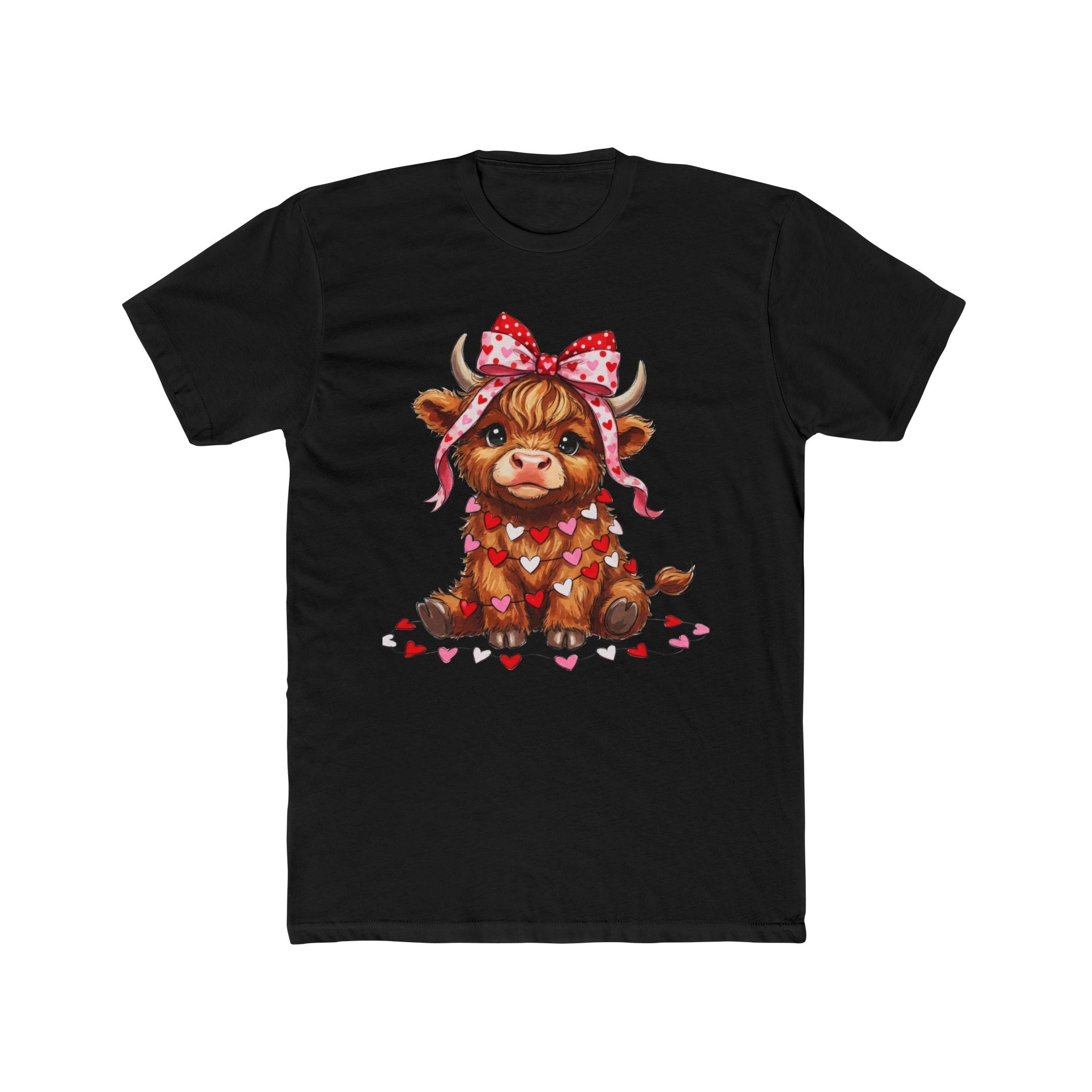Valentine Highland Cow Tee — Cute Cow with Heart Garland & Bow