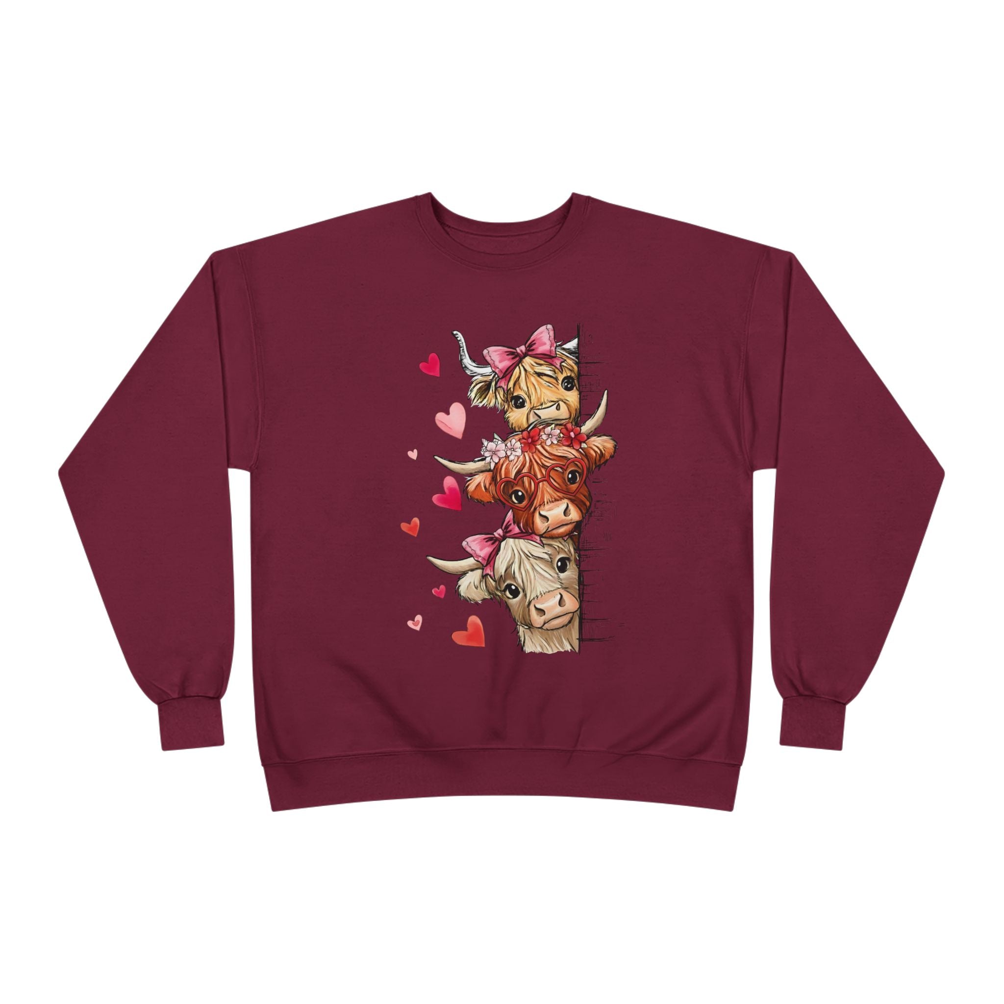 Cute Highland Cow Stack Sweatshirt — Adorable Hearts & Bows Cozy Pullover