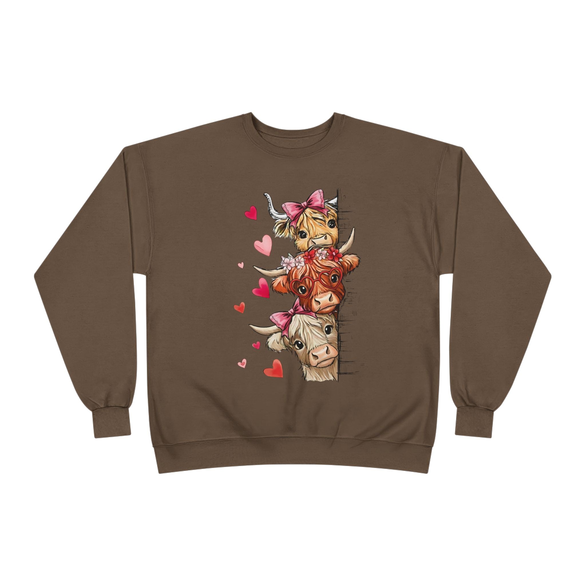 Cute Highland Cow Stack Sweatshirt — Adorable Hearts & Bows Cozy Pullover