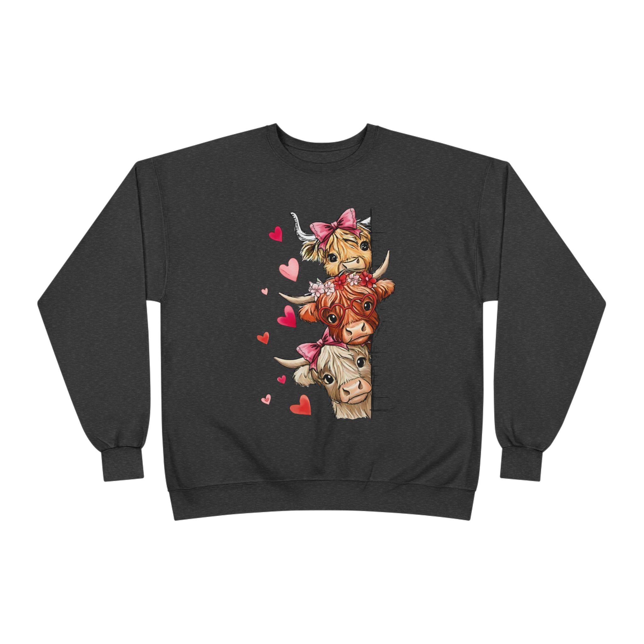 Cute Highland Cow Stack Sweatshirt — Adorable Hearts & Bows Cozy Pullover