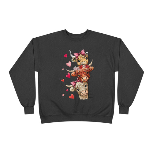 Cute Highland Cow Stack Sweatshirt — Adorable Hearts & Bows Cozy Pullover