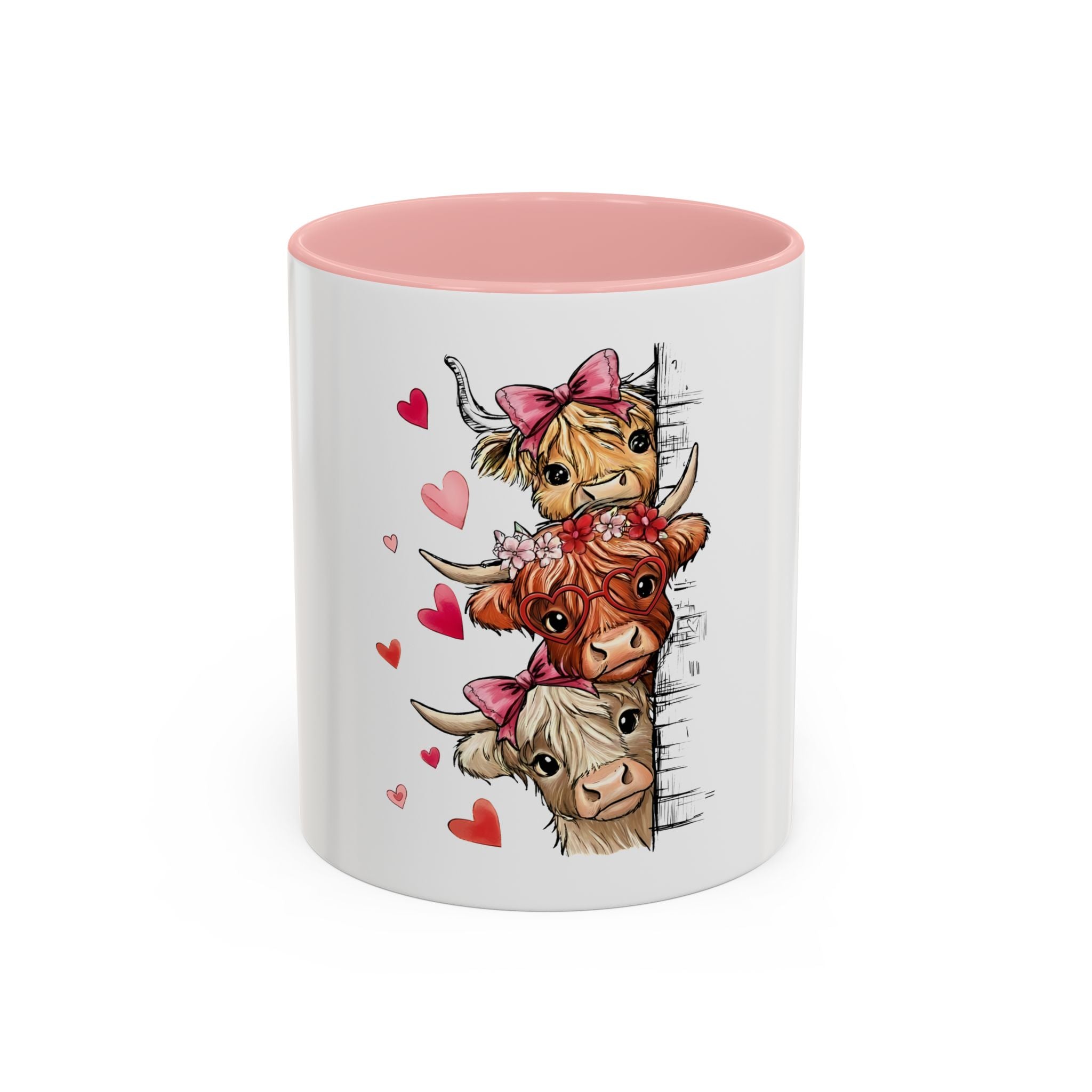 Cute Highland Cow Mug – Peekaboo Cows with Hearts Accent Coffee Cup (11/15oz)