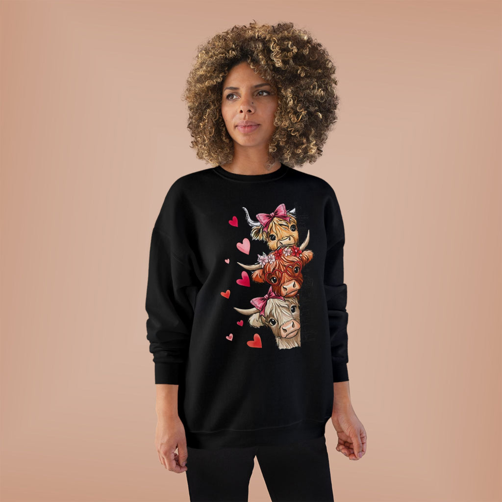 Cute Highland Cow Stack Sweatshirt — Adorable Hearts & Bows Cozy Pullover