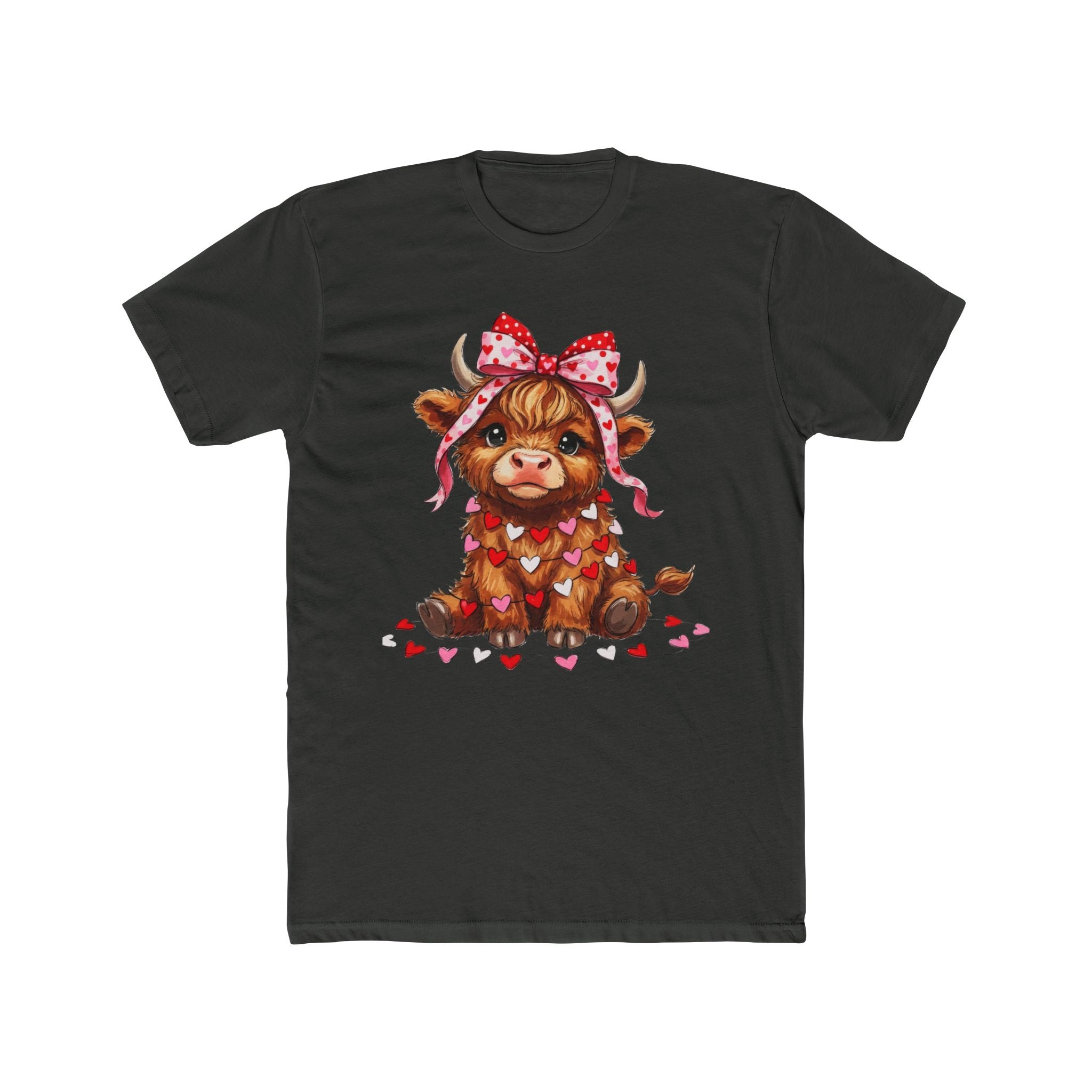 Valentine Highland Cow Tee — Cute Cow with Heart Garland & Bow
