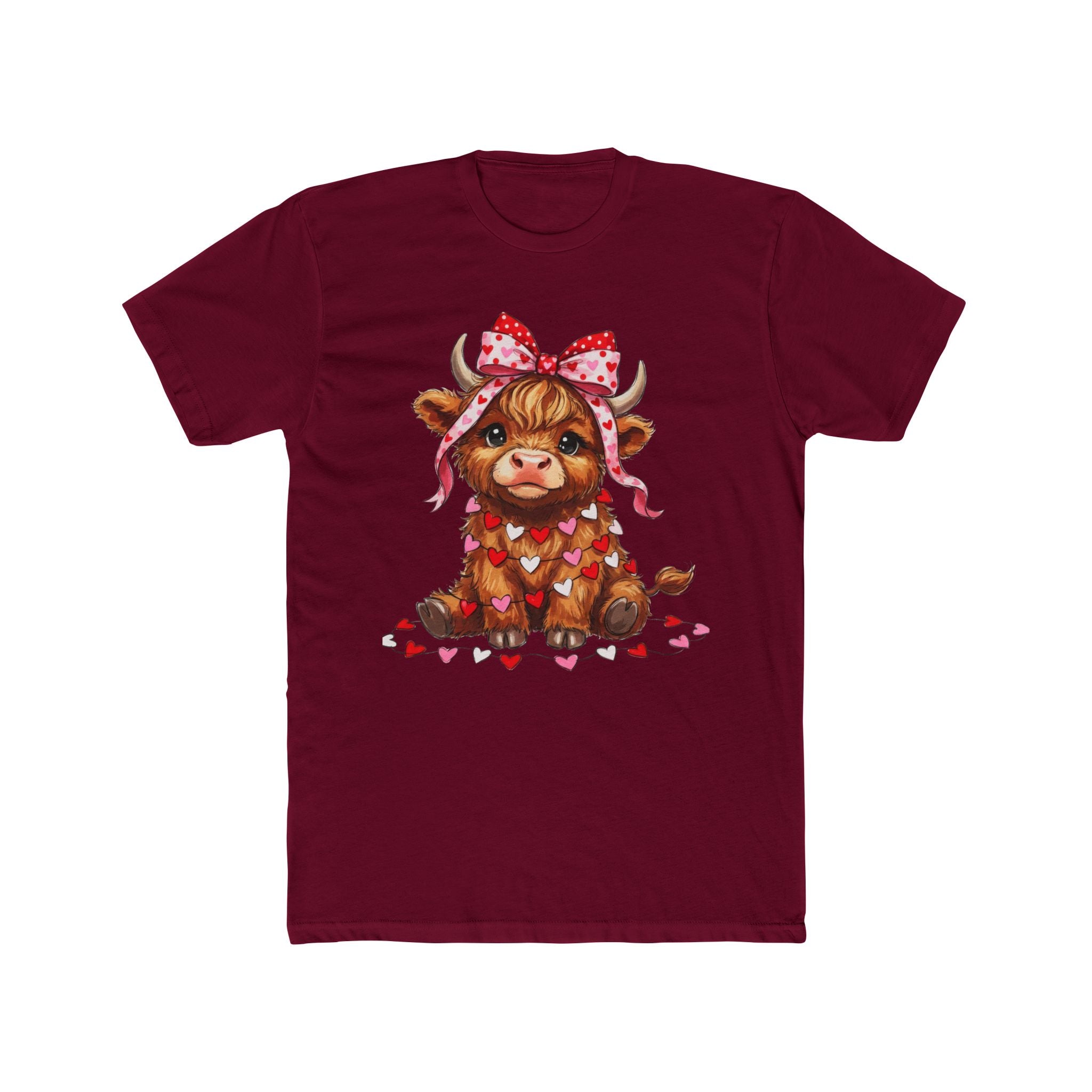 Valentine Highland Cow Tee — Cute Cow with Heart Garland & Bow
