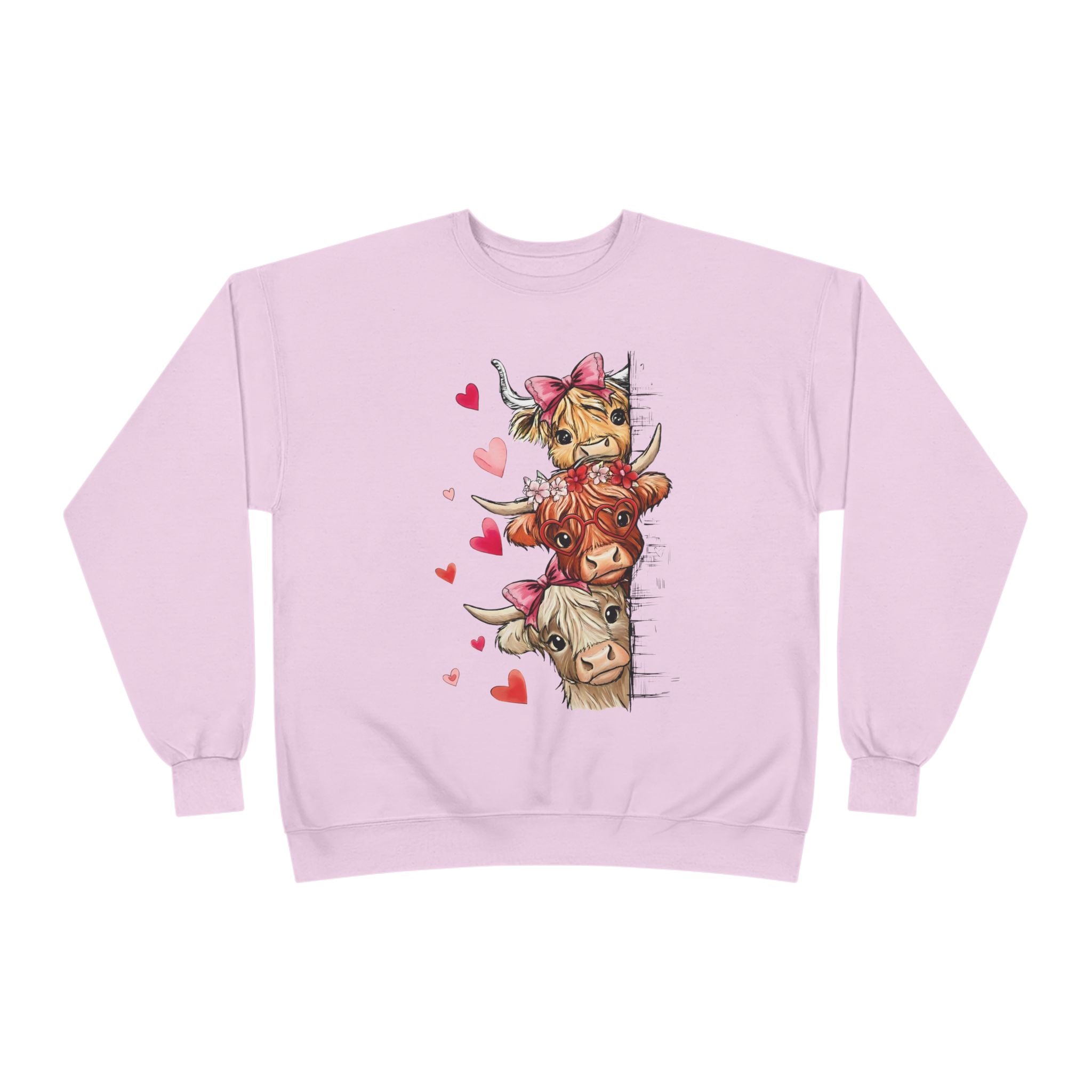 Cute Highland Cow Stack Sweatshirt — Adorable Hearts & Bows Cozy Pullover