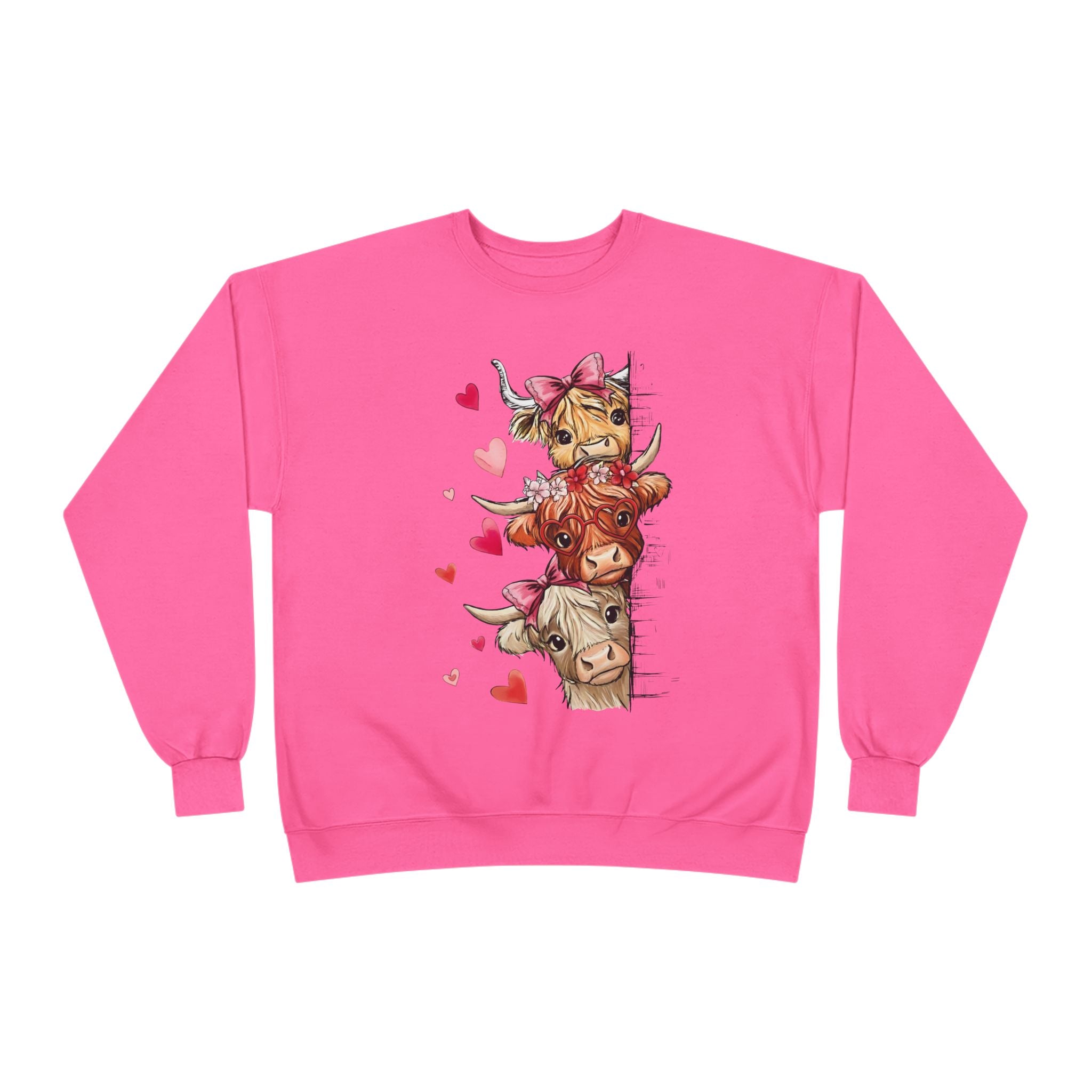 Cute Highland Cow Stack Sweatshirt — Adorable Hearts & Bows Cozy Pullover