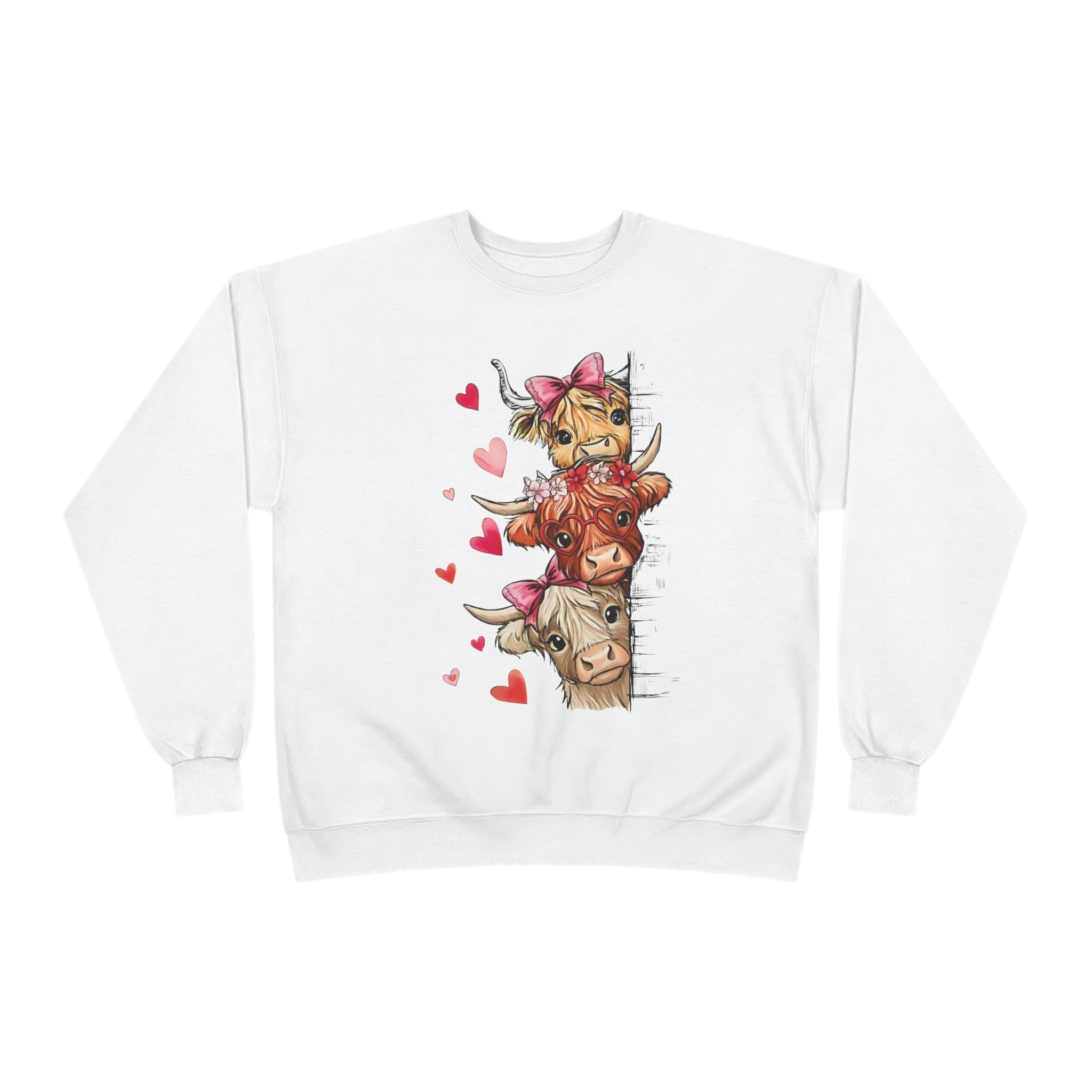 Cute Highland Cow Stack Sweatshirt — Adorable Hearts & Bows Cozy Pullover