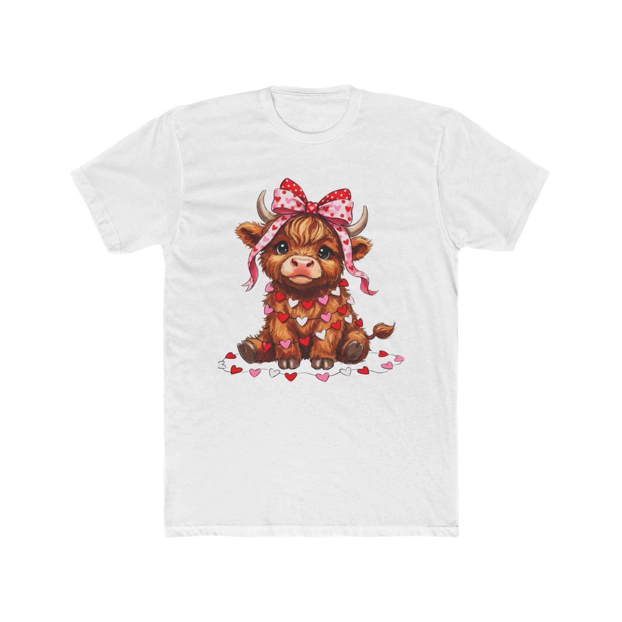 Valentine Highland Cow Tee — Cute Cow with Heart Garland & Bow