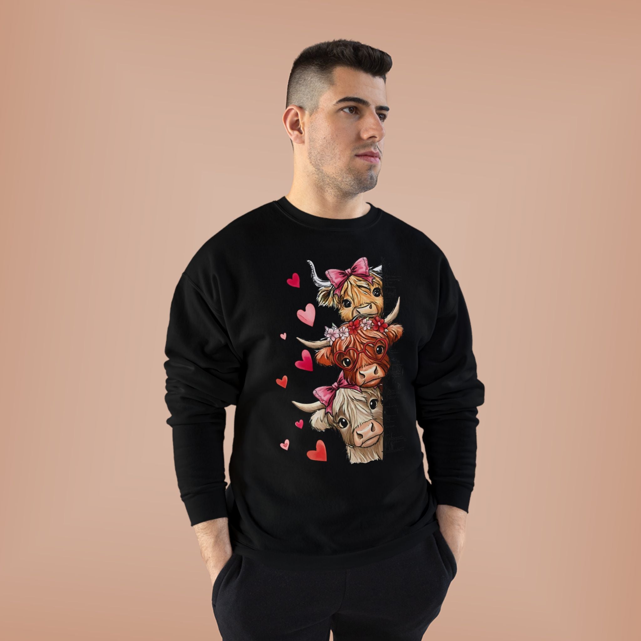 Cute Highland Cow Stack Sweatshirt — Adorable Hearts & Bows Cozy Pullover