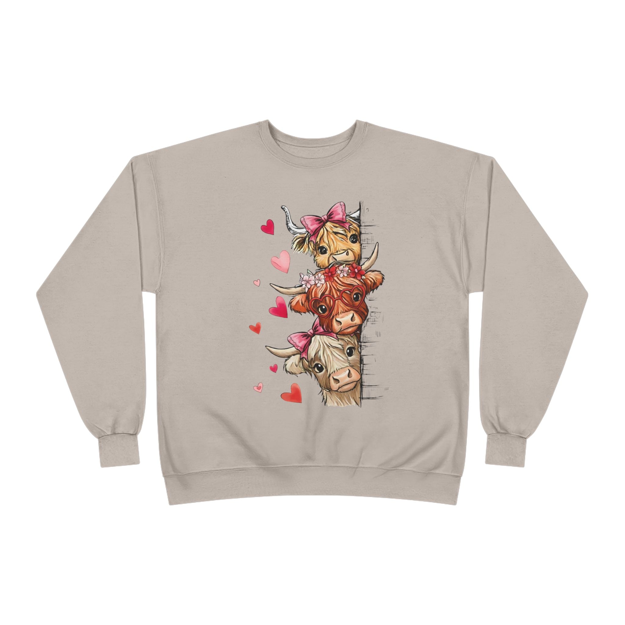 Cute Highland Cow Stack Sweatshirt — Adorable Hearts & Bows Cozy Pullover