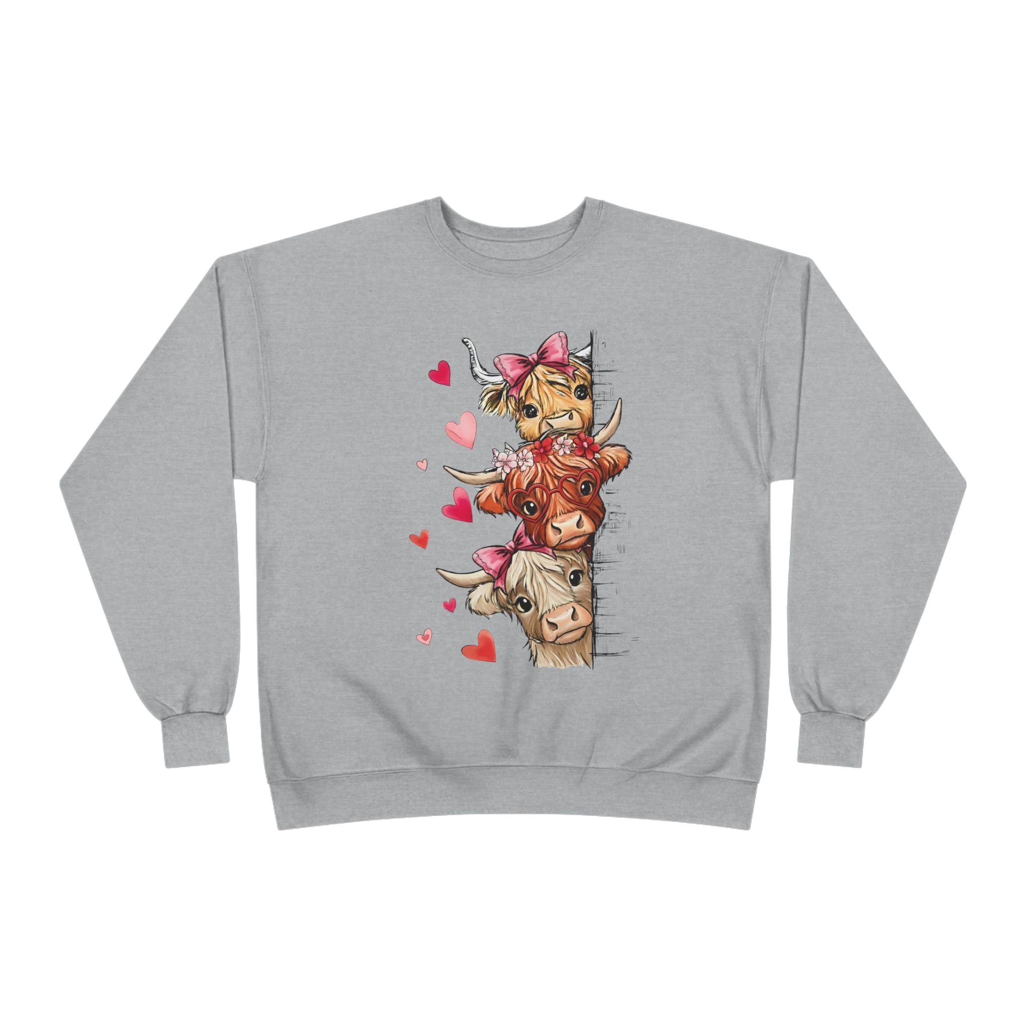 Cute Highland Cow Stack Sweatshirt — Adorable Hearts & Bows Cozy Pullover