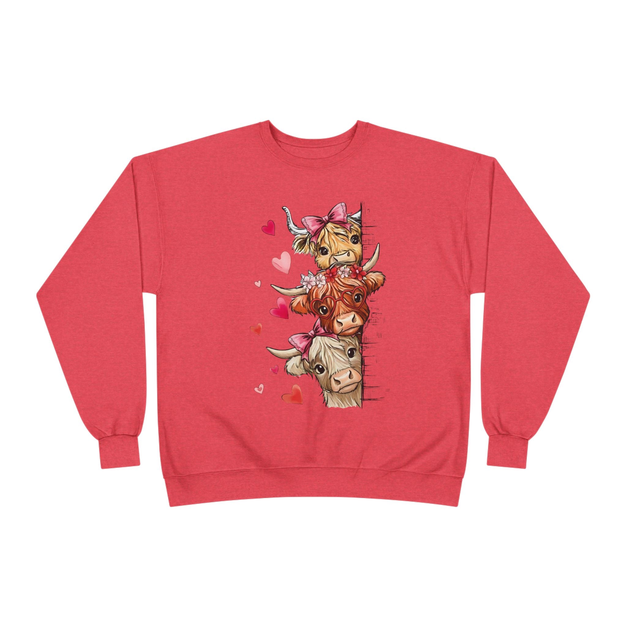 Cute Highland Cow Stack Sweatshirt — Adorable Hearts & Bows Cozy Pullover