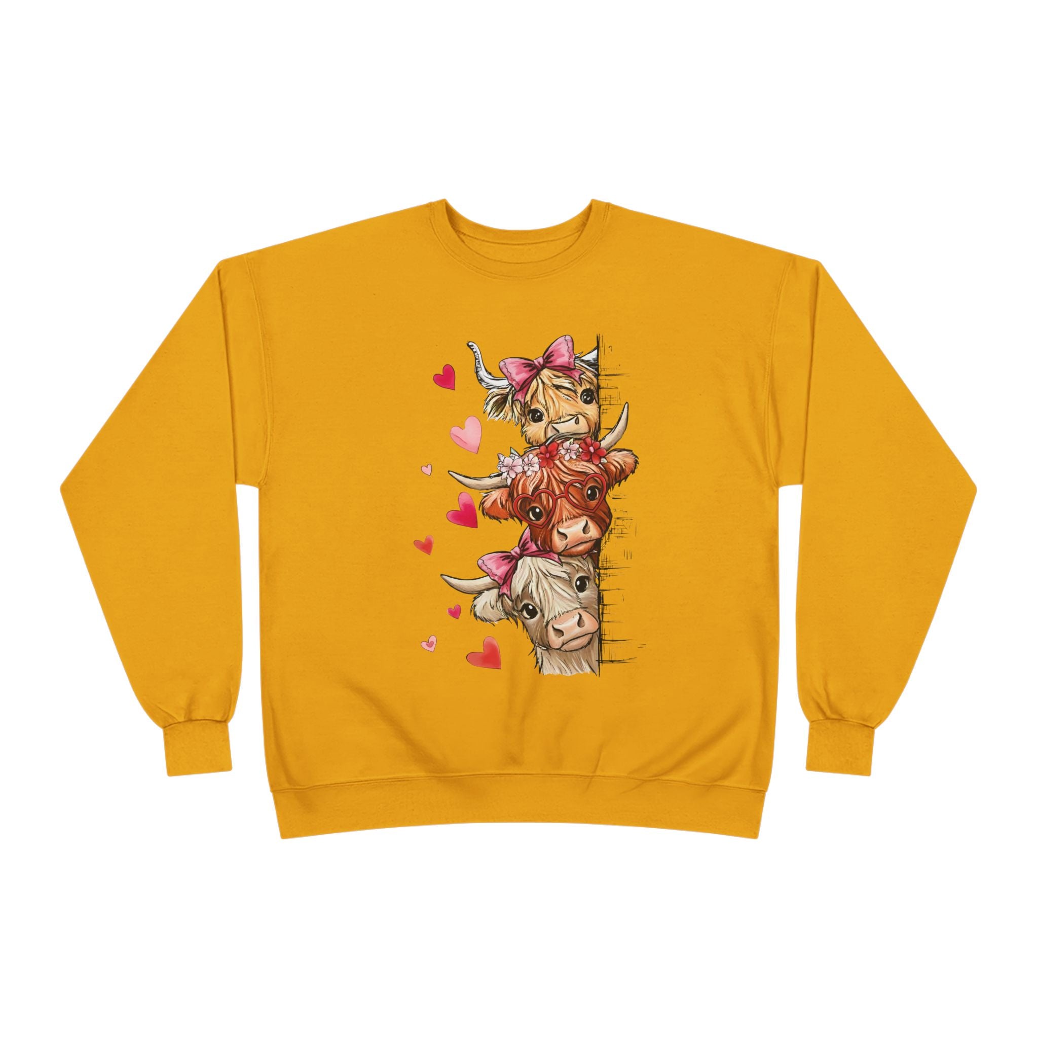Cute Highland Cow Stack Sweatshirt — Adorable Hearts & Bows Cozy Pullover