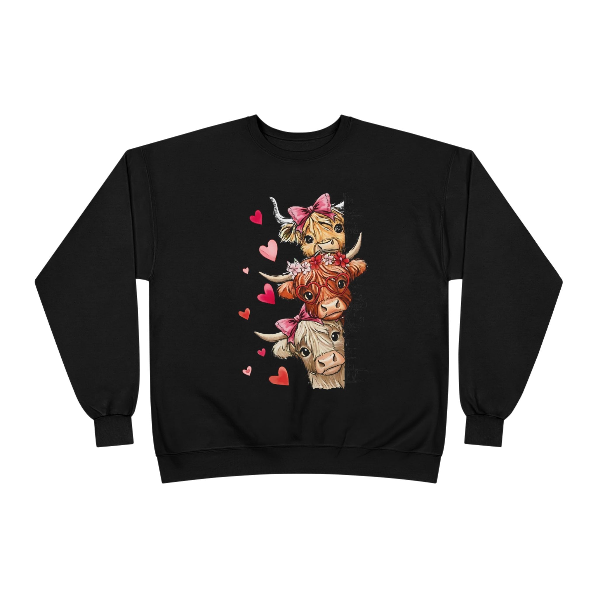 Cute Highland Cow Stack Sweatshirt — Adorable Hearts & Bows Cozy Pullover