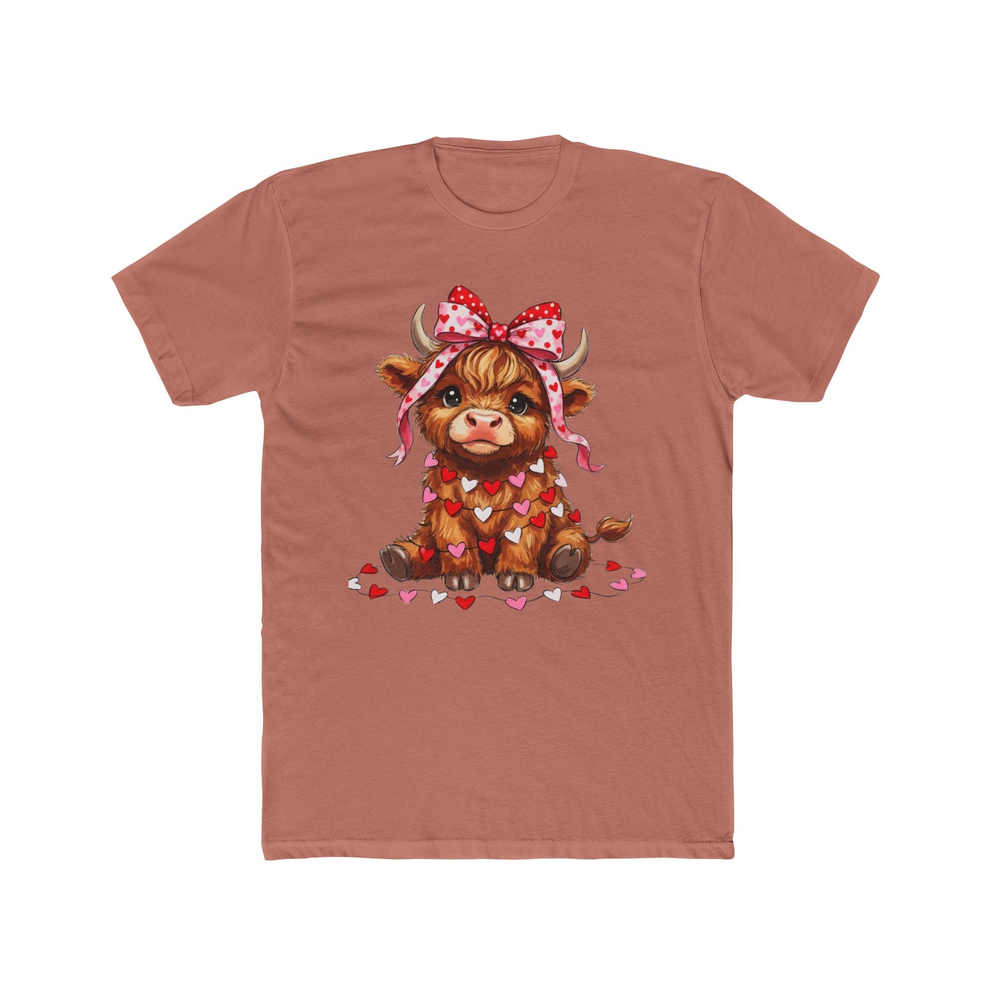 Valentine Highland Cow Tee — Cute Cow with Heart Garland & Bow
